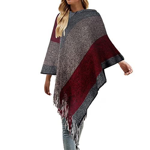 Wahuan Eleganter Bequemer Damen Poncho Pullover mit Chevronstreifen und Fransen Poncho Cape Retro Cardigans Pullover fühlen Wickelschal Geschenk für Mutter Strick Ponchos & Capes (T2, Einheitsgröße) von Wahuan