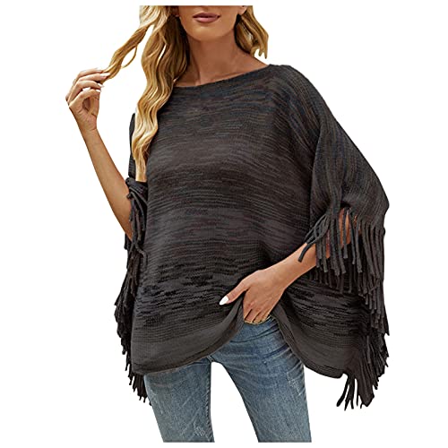 Wahuan Eleganter Bequemer Damen Poncho Pullover mit Chevronstreifen und Fransen Poncho Cape Retro Cardigans Pullover fühlen Wickelschal Geschenk für Mutter Strick Ponchos & Capes Damen (B, one Size) von Wahuan