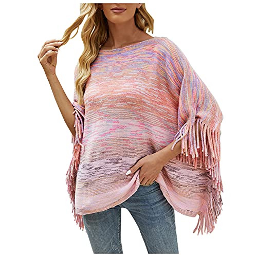 Wahuan Eleganter Bequemer Damen Poncho Pullover mit Chevronstreifen und Fransen Poncho Cape Retro Cardigans Pullover fühlen Wickelschal Geschenk für Mutter Strick Ponchos & Capes Damen (C, one Size) von Wahuan