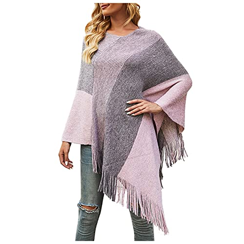 Wahuan Eleganter Bequemer Damen Poncho Pullover mit Chevronstreifen und Fransen Poncho Cape Retro Cardigans Pullover fühlen Wickelschal Geschenk für Mutter Strick Ponchos & Capes Damen (D, one Size) von Wahuan