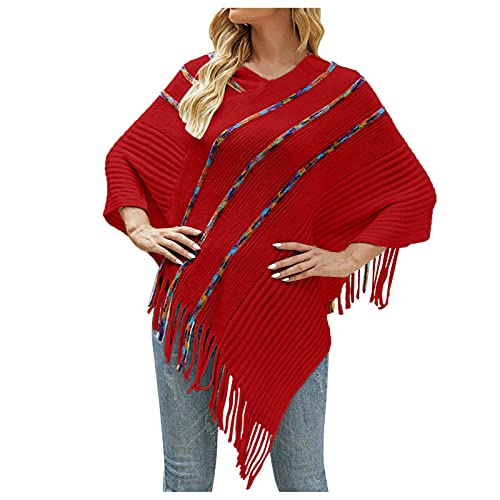 Wahuan Eleganter Bequemer Damen Poncho Pullover mit Chevronstreifen und Fransen Poncho Cape Retro Cardigans Pullover fühlen Wickelschal Geschenk für Mutter Strick Ponchos & Capes Damen (F, one Size) von Wahuan