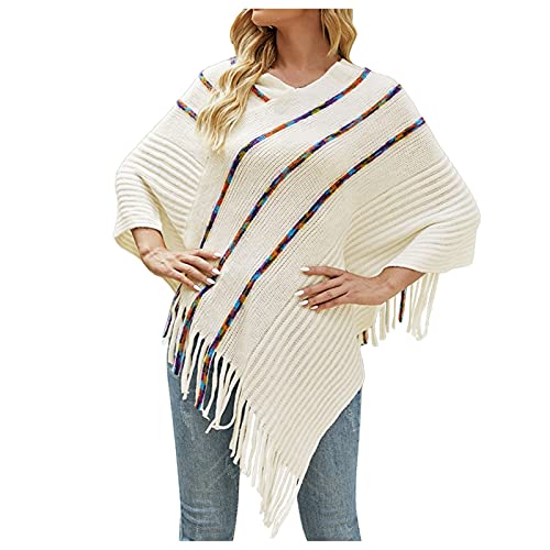 Wahuan Eleganter Bequemer Damen Poncho Pullover mit Chevronstreifen und Fransen Poncho Cape Retro Cardigans Pullover fühlen Wickelschal Geschenk für Mutter Strick Ponchos & Capes Damen (G, one Size) von Wahuan