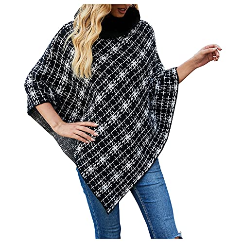 Wahuan Eleganter Bequemer Damen Poncho Pullover mit Chevronstreifen und Fransen Poncho Cape Retro Cardigans Pullover fühlen Wickelschal Geschenk für Mutter Strick Ponchos & Capes Damen (H, one Size) von Wahuan