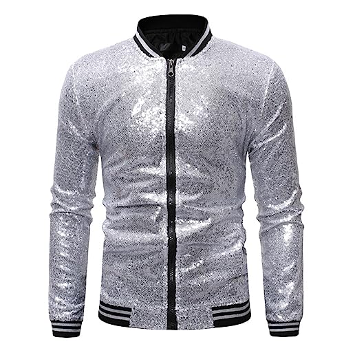 Wahuan Herren Metallic Pailletten Baseball Bomberjacke 70er Disco Party Kostüm Glitzer Pailletten Jacke Hiphop Langarm Bomberjacke Fliegenjacke von Wahuan