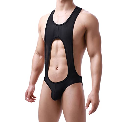 Wahuan Herren Sexy Wrestling Singlet Slim Fit Boxer Unterwäsche Overall Einteiler Sportshirt Glossy Silky Jumpsuit Atmungsaktiv Leotard Bodysuit Herren ÖL Glanz Body Ärmellos Bodysuit (41-Black, L) von Wahuan