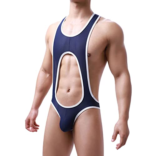 Wahuan Herren Sexy Wrestling Singlet Slim Fit Boxer Unterwäsche Overall Einteiler Sportshirt Glossy Silky Jumpsuit Atmungsaktiv Leotard Bodysuit Herren ÖL Glanz Body Ärmellos Bodysuit (41-Blue, XL) von Wahuan