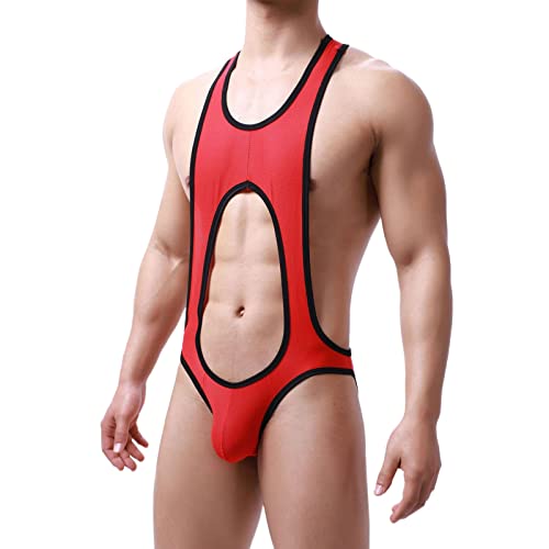 Wahuan Herren Sexy Wrestling Singlet Slim Fit Boxer Unterwäsche Overall Einteiler Sportshirt Glossy Silky Jumpsuit Atmungsaktiv Leotard Bodysuit Herren ÖL Glanz Body Ärmellos Bodysuit (41-Red, M) von Wahuan