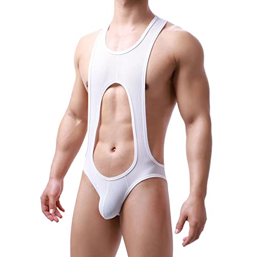 Wahuan Herren Sexy Wrestling Singlet Slim Fit Boxer Unterwäsche Overall Einteiler Sportshirt Glossy Silky Jumpsuit Atmungsaktiv Leotard Bodysuit Herren ÖL Glanz Body Ärmellos Bodysuit (41-White, L) von Wahuan