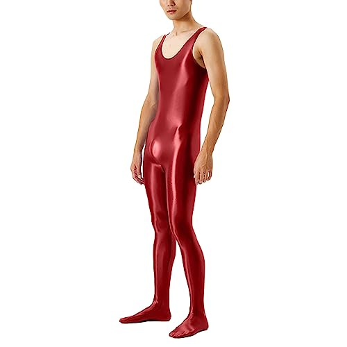 Wahuan Herren Sexy Wrestling Singlet Slim Fit Boxer Unterwäsche Overall Einteiler Sportshirt Glossy Silky Jumpsuit Atmungsaktiv Leotard Bodysuit Herren ÖL Glanz Body Ärmellos Bodysuit (51-Red, M) von Wahuan