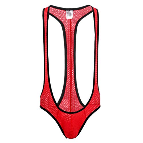 Wahuan Herren Sexy Wrestling Singlet Slim Fit Boxer Unterwäsche Overall Einteiler Sportshirt Glossy Silky Jumpsuit Atmungsaktiv Leotard Bodysuit Herren ÖL Glanz Body Ärmellos Bodysuit (61-Red, L) von Wahuan