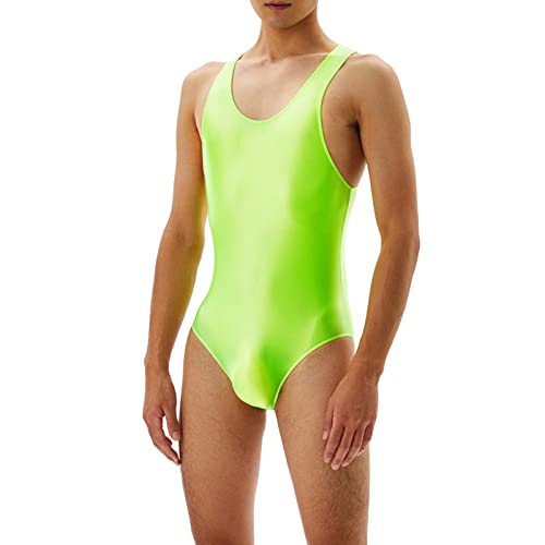 Wahuan Herren Sexy Wrestling Singlet Slim Fit Boxer Unterwäsche Overall Einteiler Sportshirt Glossy Silky Jumpsuit Atmungsaktiv Leotard Bodysuit Herren ÖL Glanz Body Ärmellos Bodysuit (Green, XL) von Wahuan