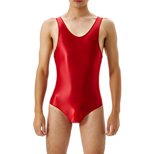 Wahuan Herren Sexy Wrestling Singlet Slim Fit Boxer Unterwäsche Overall Einteiler Sportshirt Glossy Silky Jumpsuit Atmungsaktiv Leotard Bodysuit Herren ÖL Glanz Body Ärmellos Bodysuit (Red, XL) von Wahuan