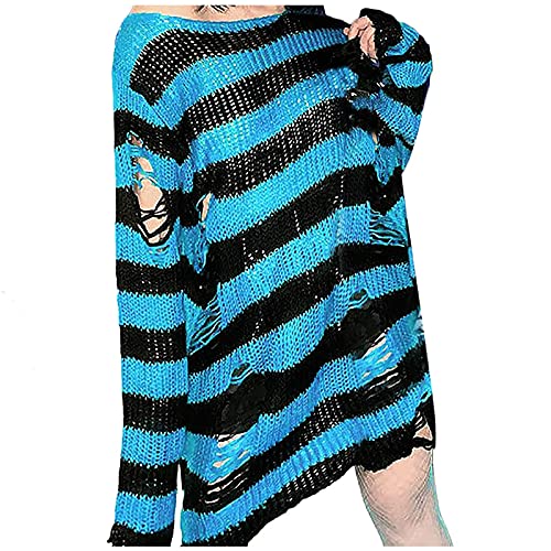 Wahuan Punk Gothic Langer Pullover Oversize Gestreifter Zerrissene Longpullover Strickpullover Jumper Tops Langarmshirt Gestrickt Lose Oberteile (Blue, One Size) von Wahuan