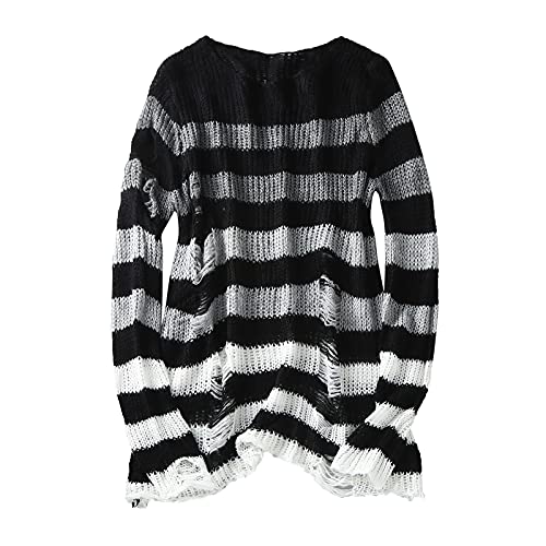 Wahuan Punk Gothic Langer Pullover Oversize Gestreifter Zerrissene Longpullover Strickpullover Oberteile Jumper Tops Langarmshirt Oberteile Gestrickt Lose Oberteile (Schwarz, OneSize) von Wahuan