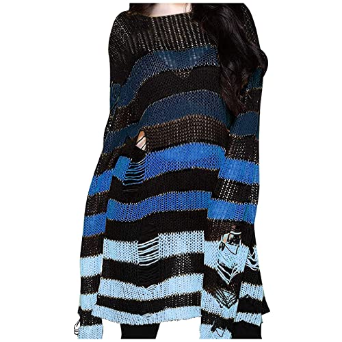 Wahuan Punk Gothic Langer Pullover Oversize Gestreifter Zerrissene Longpullover Strickpullover Oberteile Jumper Tops Langarmshirt Oberteile Gestrickt Lose Oberteile (Y1-Blue, One Size) von Wahuan