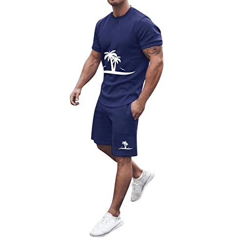 Wahuan Trainingsanzug für Herren Sommer Sportanzug 2 Teiliges Bedruckter Outfit Set Kurzarm T-Shirts mit Rundhalsausschnitt + Kurze Hose mit Taschen Freizeitanzug für Männer (Blue, XXL) von Wahuan