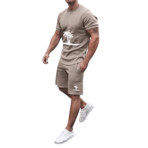 Wahuan Trainingsanzug für Herren Sommer Sportanzug 2 Teiliges Bedruckter Outfit Set Kurzarm T-Shirts mit Rundhalsausschnitt + Kurze Hose mit Taschen Freizeitanzug für Männer (Khaki, L) von Wahuan