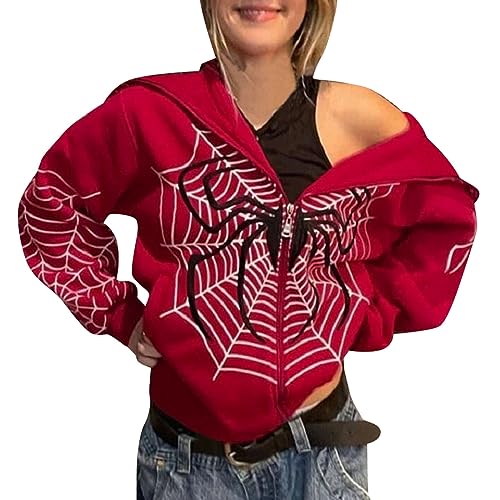 Wahuan Womens Skeleton Zip Up Hoodies Rhinestone Graphic Oversized Pullovers Sweatshirt Goth Jacket with Pockets (Red #1, M) von Wahuan