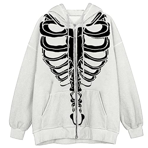 Wahuan Womens Skeleton Zip Up Hoodies Rhinestone Graphic Oversized Pullovers Sweatshirt Goth Jacket with Pockets (Weiß , M) von Wahuan