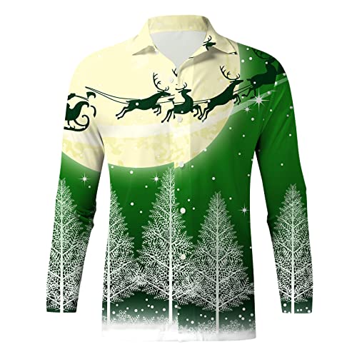 Weihnachtshemd Herren, Weihnachten Muster 3D Bedruckte Hemd Freizeithemd Männer Langärm Slim Fit Funky Christmas Shirt Stehkragen Lustige Funky Hemden Langarmhemd Langarmshirt Button (K1-Green, XXL) von Wahuan