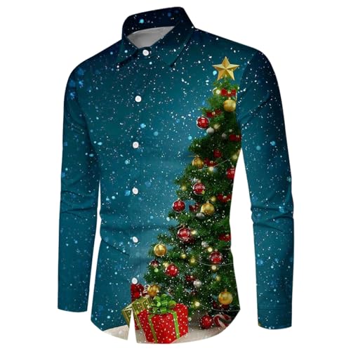 Weihnachtshemd Herren, Weihnachten Muster 3D Bedruckte Hemd Freizeithemd Männer Langärm Slim Fit Funky Christmas Shirt Stehkragen Lustige Funky Hemden Langarmhemd Langarmshirt Button Up (Blue-1, XL) von Wahuan