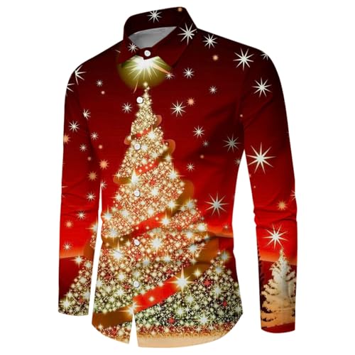 Weihnachtshemd Herren, Weihnachten Muster 3D Bedruckte Hemd Freizeithemd Männer Langärm Slim Fit Funky Christmas Shirt Stehkragen Lustige Funky Hemden Langarmhemd Langarmshirt Button Up (Gold-1, XXL) von Wahuan