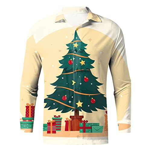 Weihnachtshemd Herren, Weihnachten Muster 3D Bedruckte Hemd Freizeithemd Männer Langärm Slim Fit Funky Christmas Shirt Stehkragen Lustige Funky Hemden Langarmhemd Langarmshirt Button Up (Khaki, XL) von Wahuan