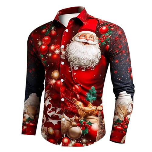 Weihnachtshemd Herren, Weihnachten Muster 3D Bedruckte Hemd Freizeithemd Männer Langärm Slim Fit Funky Christmas Shirt Stehkragen Lustige Funky Hemden Langarmhemd Langarmshirt Button Up (L1-Red, XXL) von Wahuan
