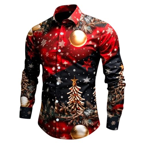 Weihnachtshemd Herren, Weihnachten Muster 3D Bedruckte Hemd Freizeithemd Männer Langärm Slim Fit Funky Christmas Shirt Stehkragen Lustige Funky Hemden Langarmhemd Langarmshirt Button Up (L1-Wine, L) von Wahuan