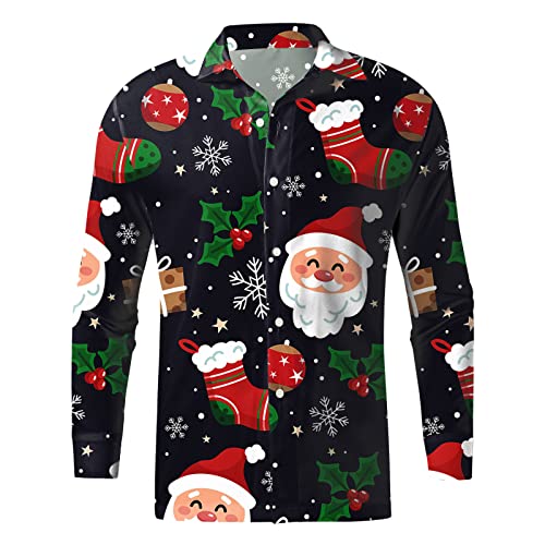 Weihnachtshemd Herren, Weihnachten Muster 3D Bedruckte Hemd Freizeithemd Männer Langärm Slim Fit Funky Christmas Shirt Stehkragen Lustige Funky Hemden Langarmhemd Langarmshirt Button Up (Navy, XXL) von Wahuan