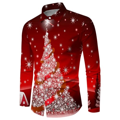 Weihnachtshemd Herren, Weihnachten Muster 3D Bedruckte Hemd Freizeithemd Männer Langärm Slim Fit Funky Christmas Shirt Stehkragen Lustige Funky Hemden Langarmhemd Langarmshirt Button Up (White-1, XXL) von Wahuan