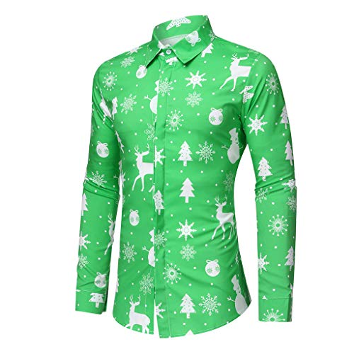 Weihnachtshemd Herren, Weihnachten Muster 3D Bedruckte Hemd Freizeithemd Männer Langärm Slim Fit Funky Christmas Shirt Stehkragen Lustige Funky Hemden Langarmhemd Langarmshirt Button Up (z1-Green, XL) von Wahuan