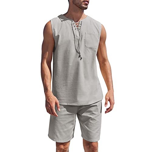 Wahuan Zweiteiler Herren Leinenanzug Sommer Sport Freizeitanzug Kurzarm Leinen Shirts Shorts Sets Freizeitanzug Suits Sport Strand Shirt Top Kurze Hose Männer Leinen Anzug Hemd und Hose (Grey, XL) von Wahuan