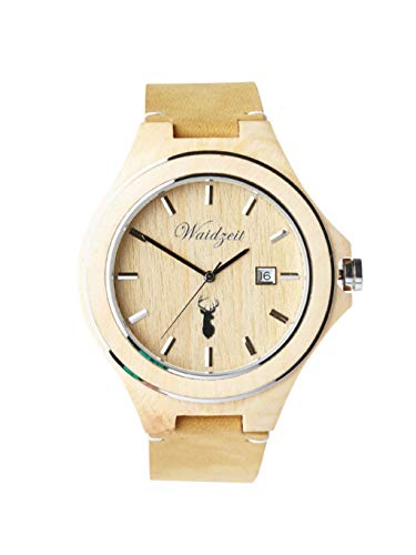 Waidzeit ZI01 Zirbenuhr Uhr Herrenuhr Lederarmband Holz Analog Datum Beige von Waidzeit