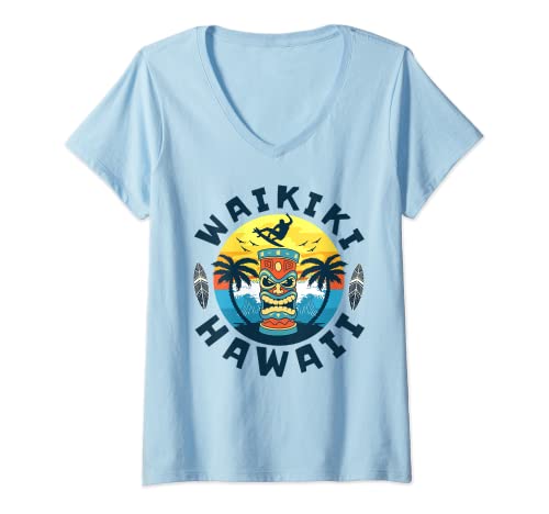 Damen Waikiki Hawaii Strand Surfen Sommer Urlaub T-Shirt mit V-Ausschnitt von Waikiki Beach Hawaii Surf Surfing Ocean Vintage