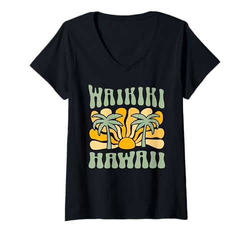 Damen Waikiki T-Shirt mit V-Ausschnitt Damen Waikiki T-Shirt mit V-Ausschnitt von Waikiki Beach Hawaii Surfing Surf Ocean Retro