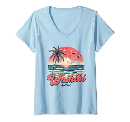 Damen Waikiki T-Shirt mit V-Ausschnitt von Waikiki Beach Hawaii Surfing Surf Ocean Vintage