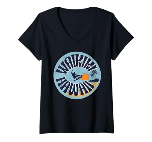 Damen Waikiki T-Shirt mit V-Ausschnitt von Waikiki Beach Hawaii Surfing Surf Ocean Vintage
