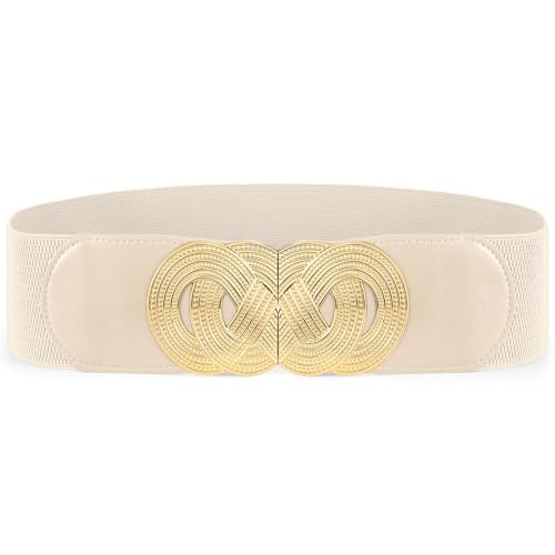 Waist Wow Breiter Elastischer Taillengürtel Stretchgürtel Damen Breit für Kleid mit Modischer Goldener Schnalle, Hellbeige, L von Waist Wow
