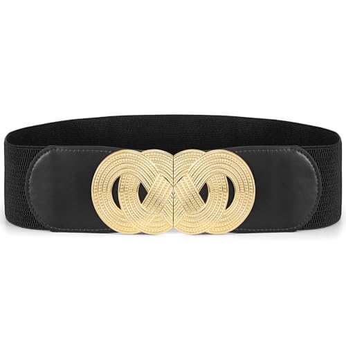 Waist Wow Breiter Elastischer Taillengürtel Stretchgürtel Damen Breit für Kleid mit Modischer Goldener Schnalle, Rein Schwarz, L von Waist Wow