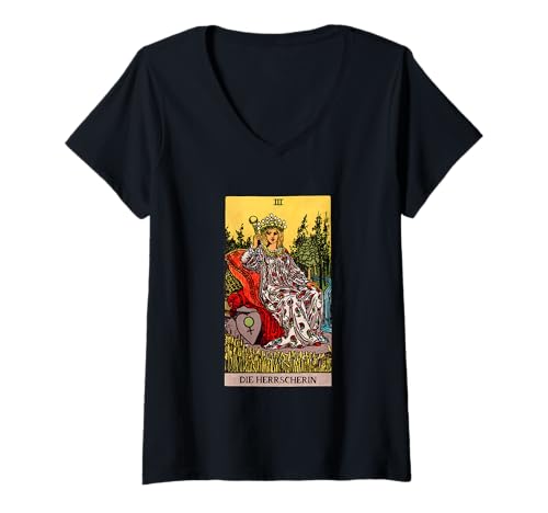 Damen Tarot Karte DIE HERRSCHERIN (Deutsch) Retro T-Shirt mit V-Ausschnitt von Waite Tarot Karte