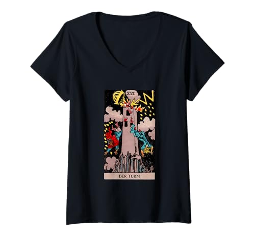Damen Tarot Karte Der Turm (Deutsch) Retro T-Shirt mit V-Ausschnitt von Waite Tarot Karte