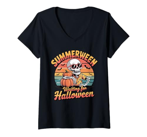 Damen Gruseliges Sommer-Skelett wartet auf Halloween T-Shirt mit V-Ausschnitt Damen Gruseliges Sommer-Skelett wartet auf Halloween T-Shirt mit V-Ausschnitt von Waiting For Halloween