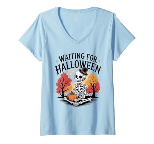 Damen Gruseliges Sommer-Skelett wartet auf Halloween T-Shirt mit V-Ausschnitt von Waiting For Halloween