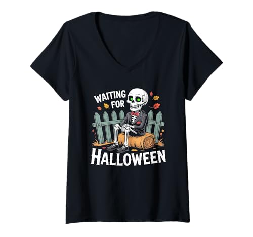 Damen Gruseliges Sommer-Skelett wartet auf Halloween T-Shirt mit V-Ausschnitt von Waiting For Halloween