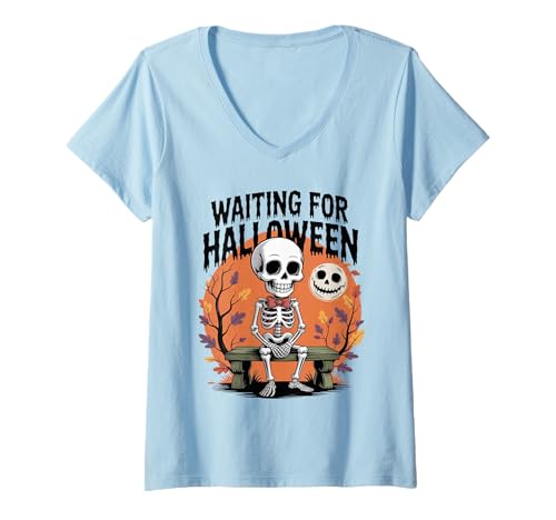 Damen Gruseliges Sommer-Skelett wartet auf Halloween T-Shirt mit V-Ausschnitt von Waiting For Halloween