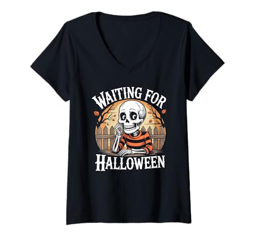 Damen Gruseliges Sommer-Skelett wartet auf Halloween T-Shirt mit V-Ausschnitt von Waiting For Halloween
