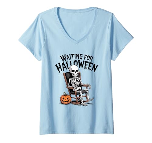 Damen Gruseliges Sommer-Skelett wartet auf Halloween T-Shirt mit V-Ausschnitt von Waiting For Halloween