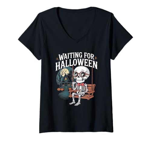 Damen Gruseliges Sommer-Skelett wartet auf Halloween T-Shirt mit V-Ausschnitt von Waiting For Halloween