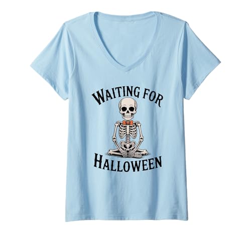 Damen Gruseliges Sommer-Skelett wartet auf Halloween T-Shirt mit V-Ausschnitt Damen Gruseliges Sommer-Skelett wartet auf Halloween T-Shirt mit V-Ausschnitt von Waiting For Halloween